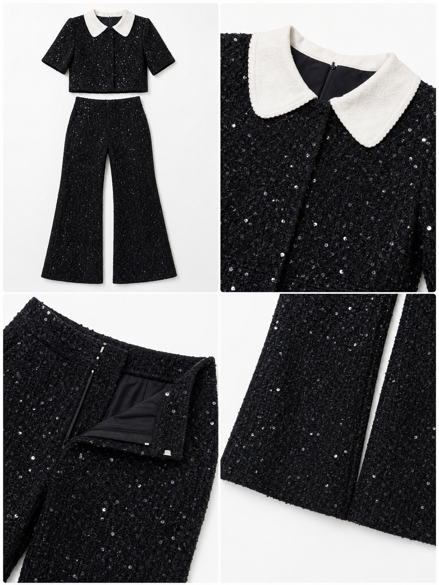 Vintage Lapel Sequin Tweed Short-Sleeve Two-Piece Set