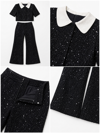 Vintage Lapel Sequin Tweed Short-Sleeve Two-Piece Set