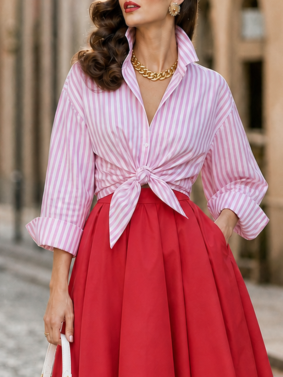 Pink & White Striped Long-Sleeve Tie-Hem Shirt