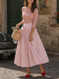 Women's Striped Top & Pink Midi Skirt Two-Piece Set