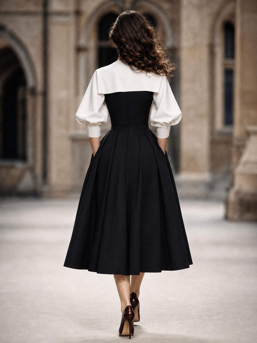 Vintage Black-and-White Color Block Batwing Sleeve Midi Dress