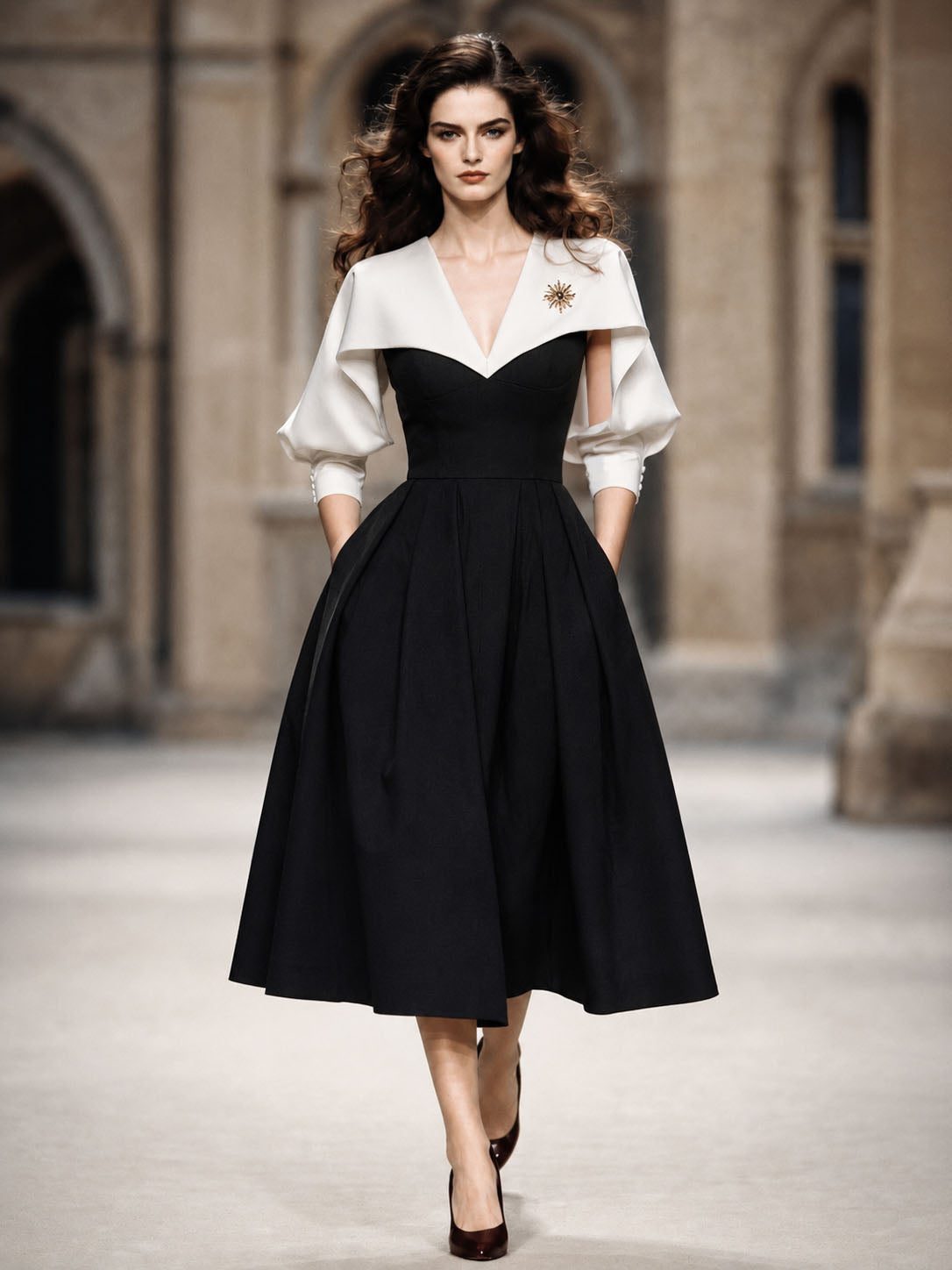 Vintage Black-and-White Color Block Batwing Sleeve Midi Dress