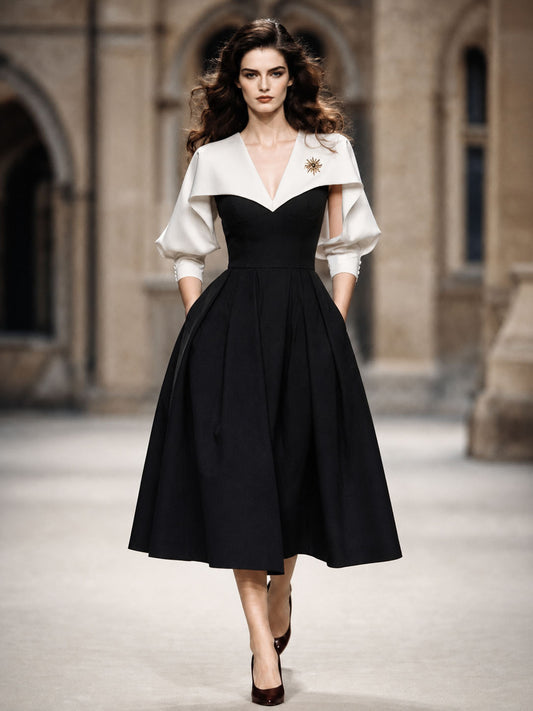 Vintage Black-and-White Color Block Batwing Sleeve Midi Dress