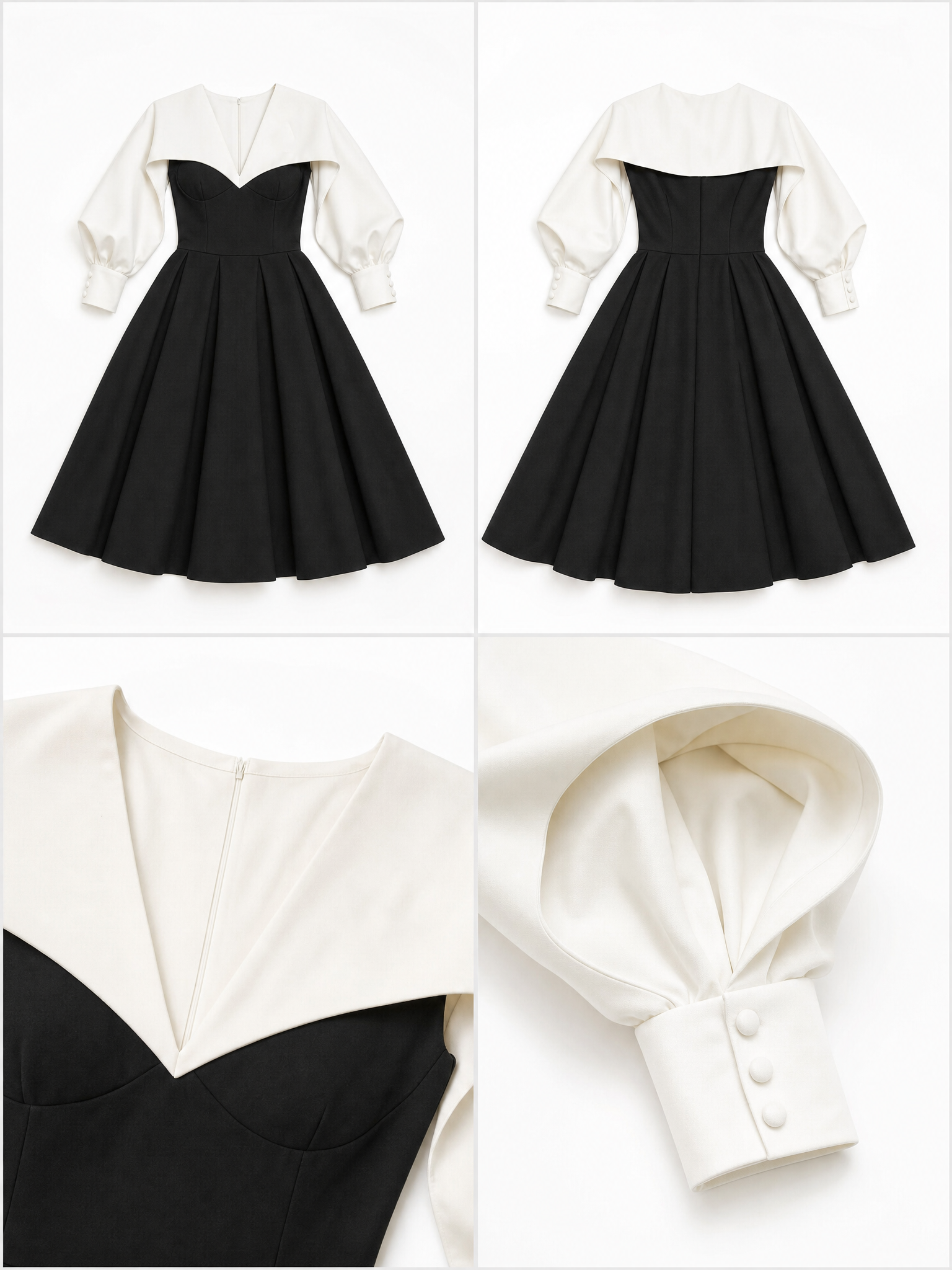 Vintage Black-and-White Color Block Batwing Sleeve Midi Dress