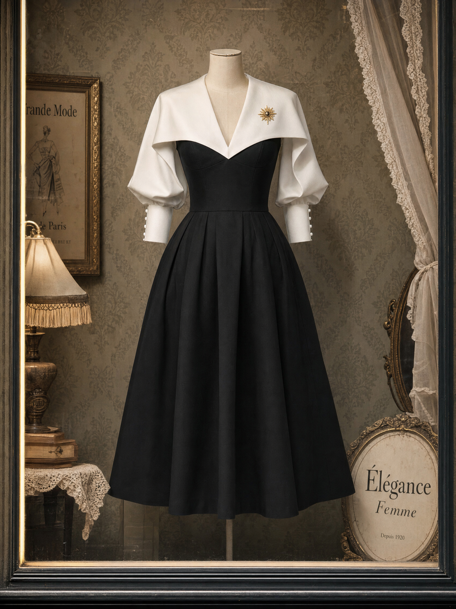 Vintage Black-and-White Color Block Batwing Sleeve Midi Dress