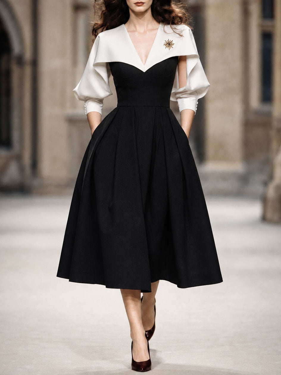 Vintage Black-and-White Color Block Batwing Sleeve Midi Dress