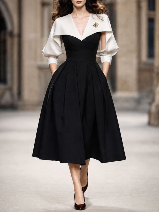 Vintage Black-and-White Color Block Batwing Sleeve Midi Dress
