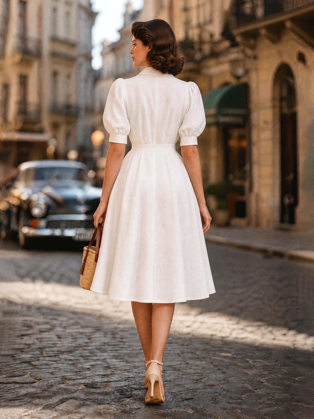 Vintage Puff Sleeve Tie Waist Umbrella Midi Dress