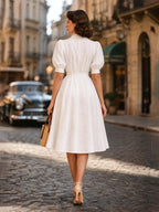 Vintage Puff Sleeve Tie Waist Umbrella Midi Dress
