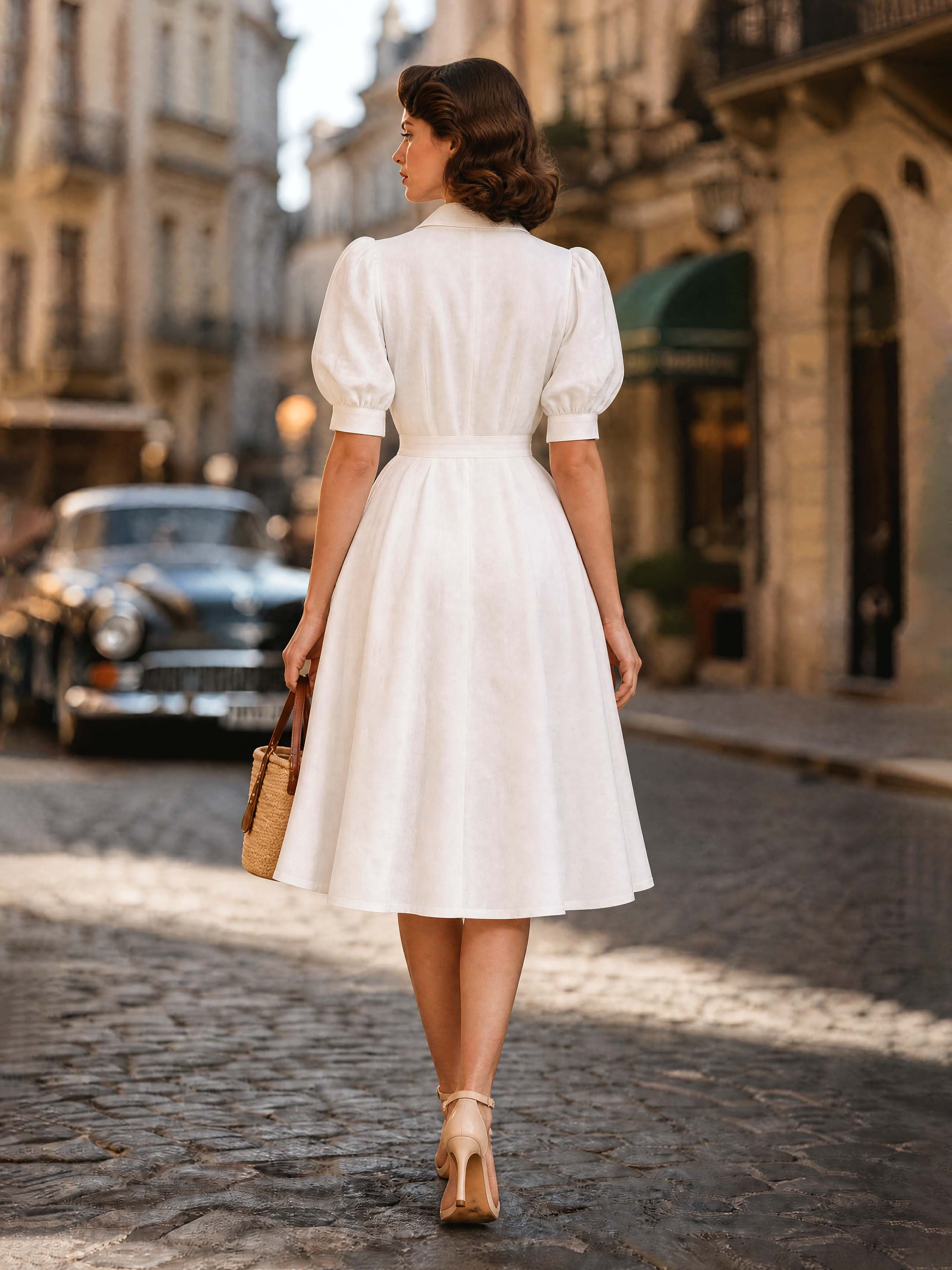 Vintage Puff Sleeve Tie Waist Umbrella Midi Dress