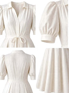 Vintage Puff Sleeve Tie Waist Umbrella Midi Dress