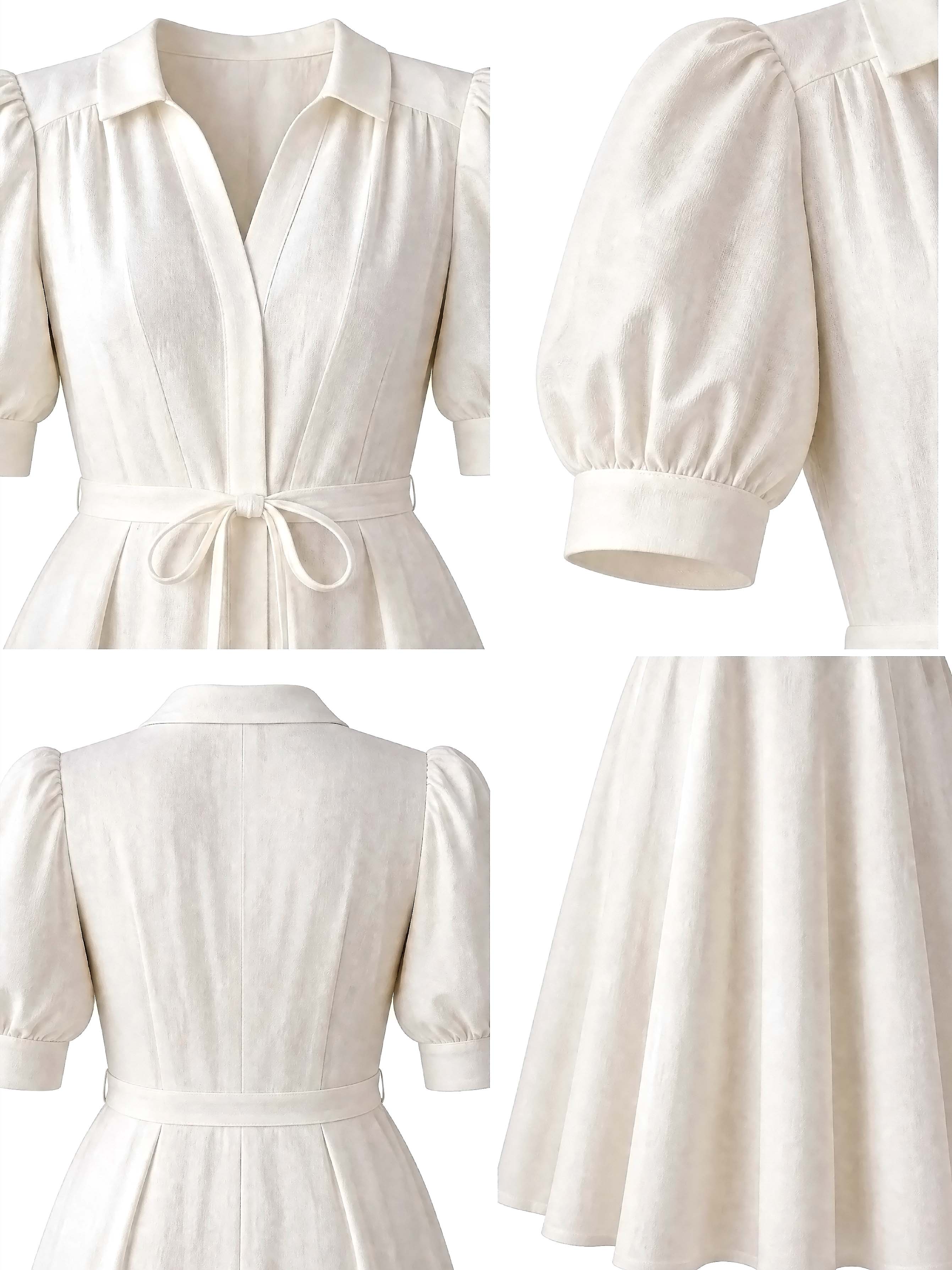 Vintage Puff Sleeve Tie Waist Umbrella Midi Dress