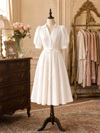 Vintage Puff Sleeve Tie Waist Umbrella Midi Dress