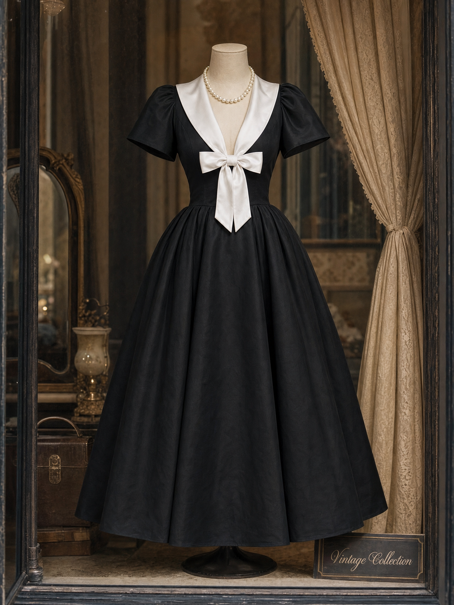 Vintage Black Color Contrast Bow Umbrella Midi Dress