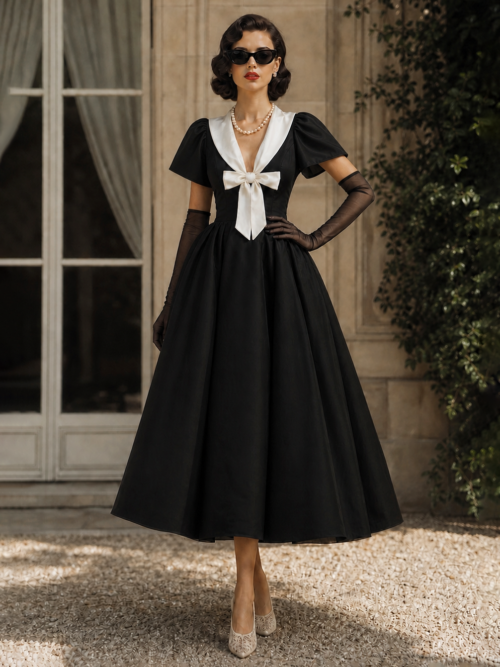 Vintage Black Color Contrast Bow Umbrella Midi Dress