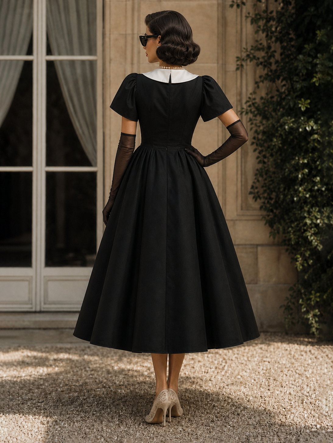 Vintage Black Color Contrast Bow Umbrella Midi Dress