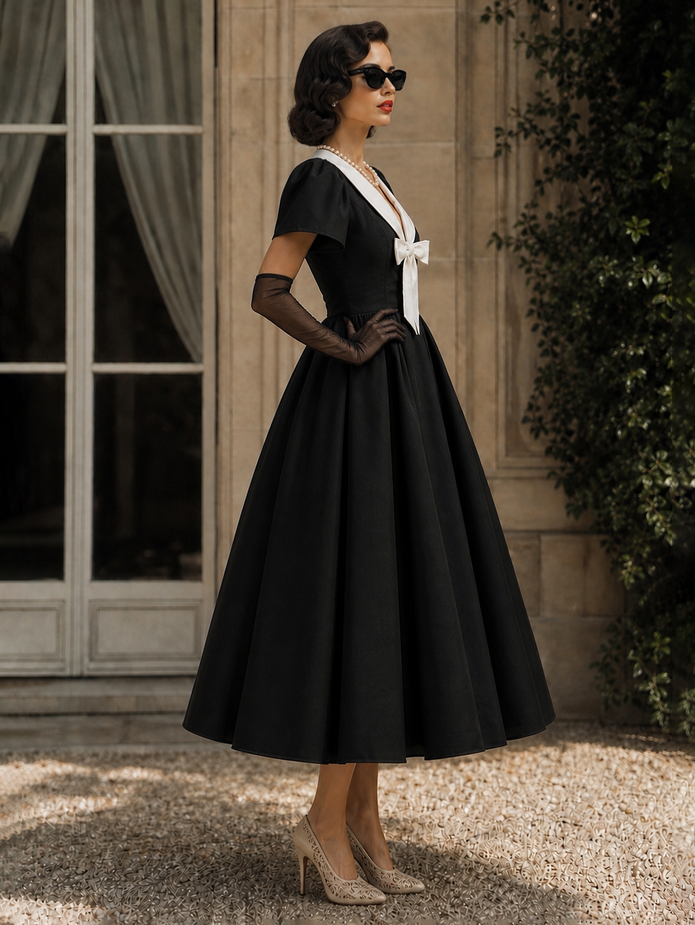 Vintage Black Color Contrast Bow Umbrella Midi Dress