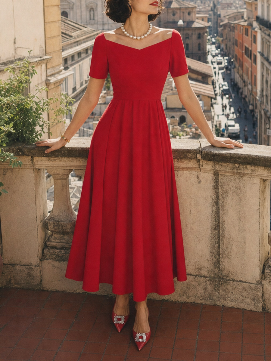 Vintage Red Square-Neck Fit-and-Flare Midi Dress