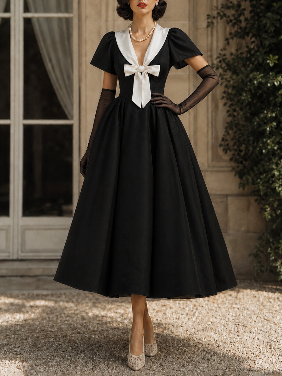Vintage Black Color Contrast Bow Umbrella Midi Dress