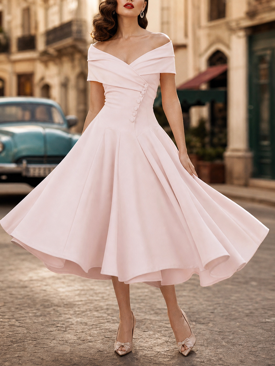 1950s Vintage Pink Off-Shoulder Button-Detail Fit-and-Flare Midi Dress