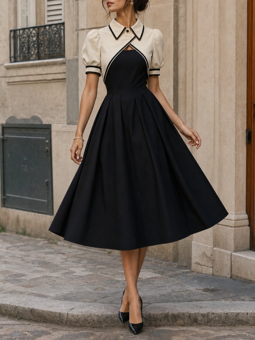 Vintage Color Contrast Cutout Lapel Midi Dress