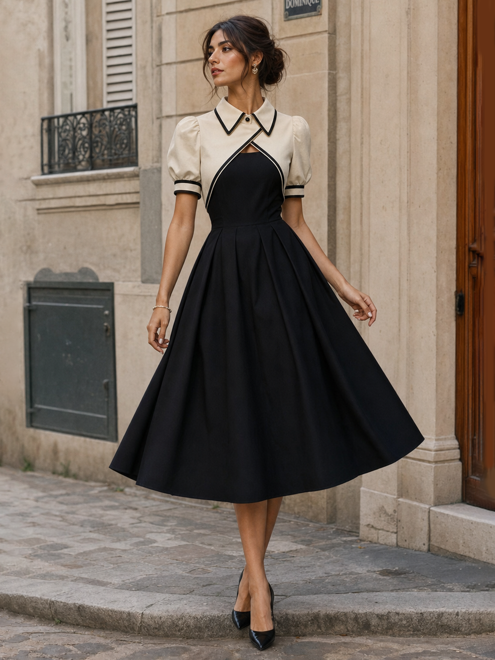 Vintage Color Contrast Cutout Lapel Midi Dress