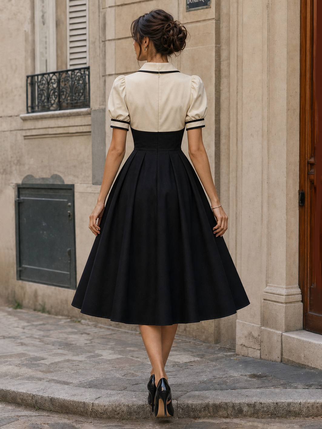Vintage Color Contrast Cutout Lapel Midi Dress