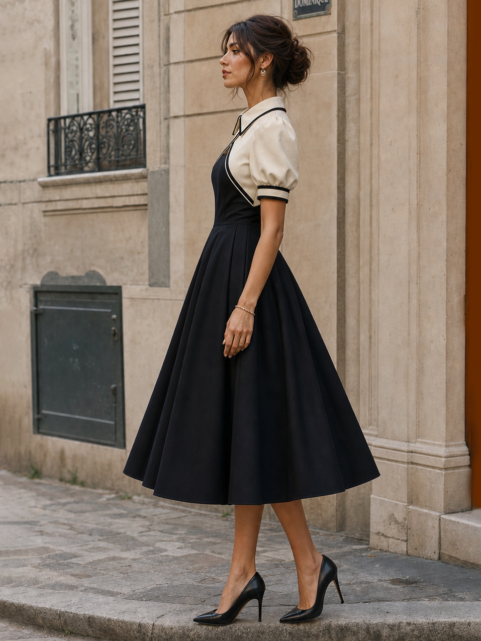 Vintage Color Contrast Cutout Lapel Midi Dress