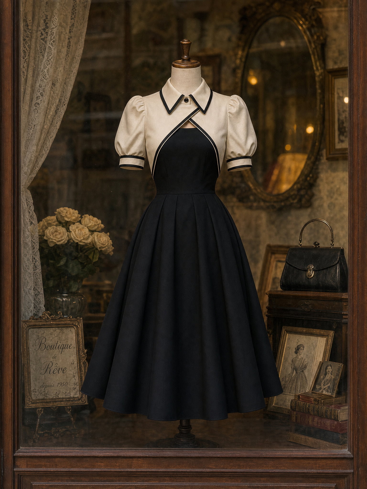 Vintage Color Contrast Cutout Lapel Midi Dress
