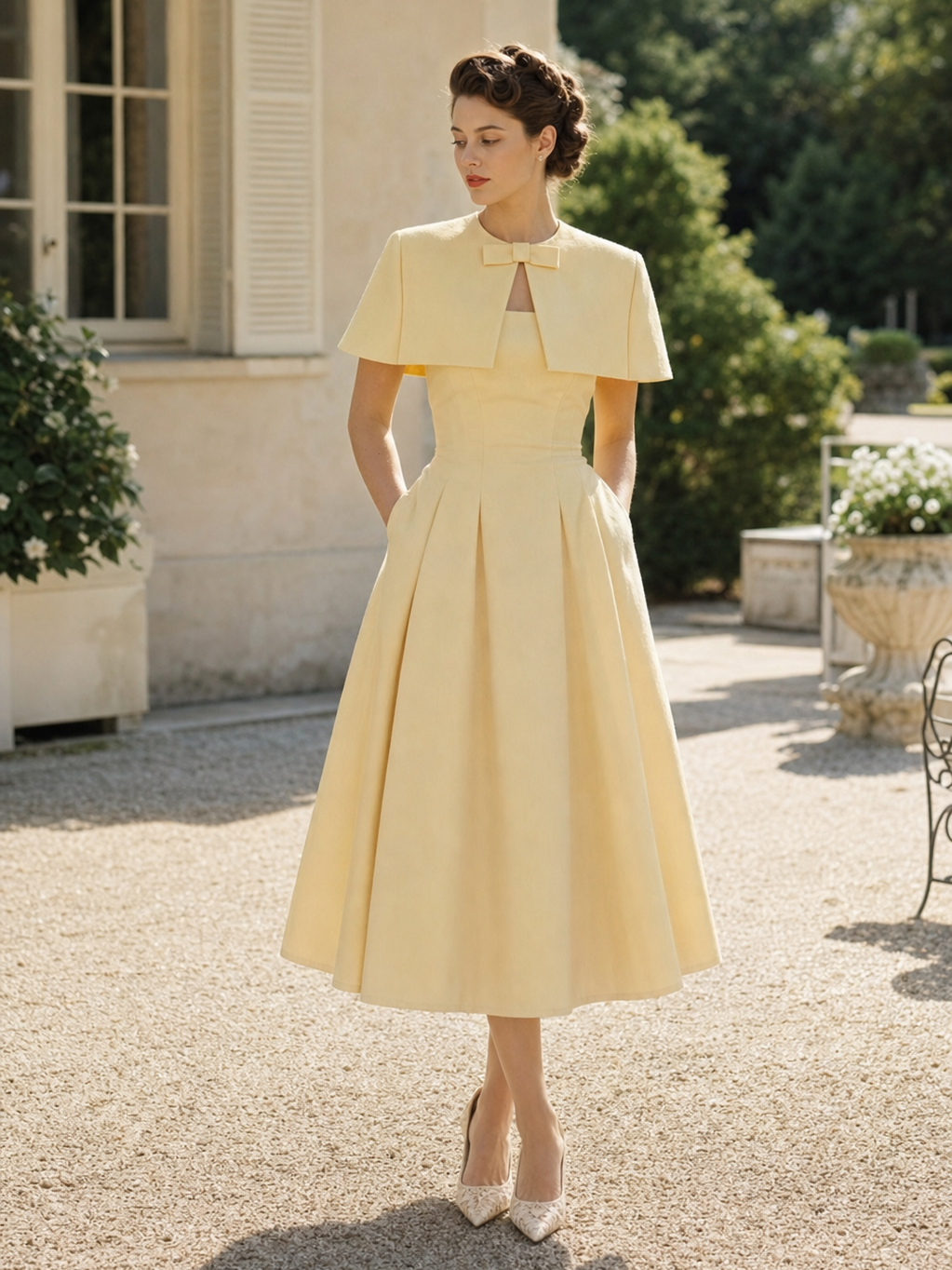 Vintage Cape Two-Piece Pleated Midi Dress