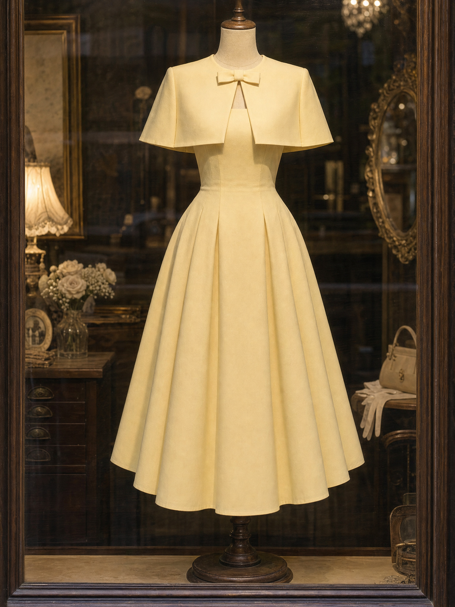 Vintage Cape Two-Piece Pleated Midi Dress