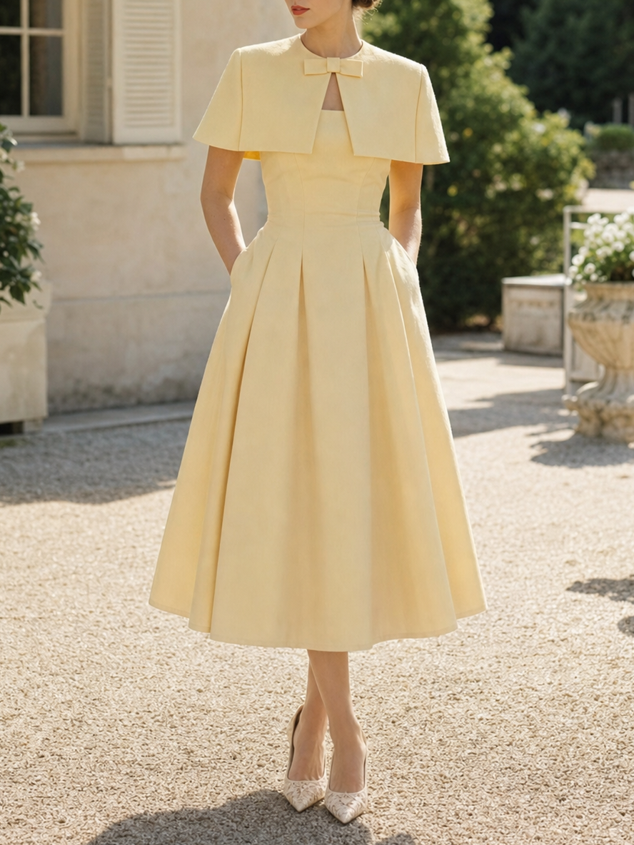 Vintage Cape Two-Piece Pleated Midi Dress