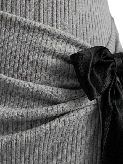 Vintage Ribbed Off-the-Shoulder Bow Dress