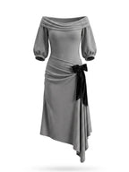 Vintage Ribbed Off-the-Shoulder Bow Midi Dress