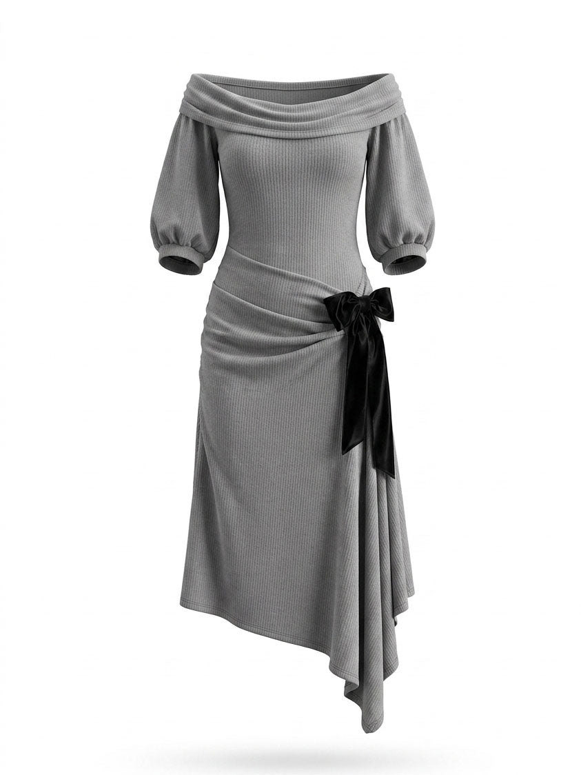 Vintage Ribbed Off-the-Shoulder Bow Midi Dress