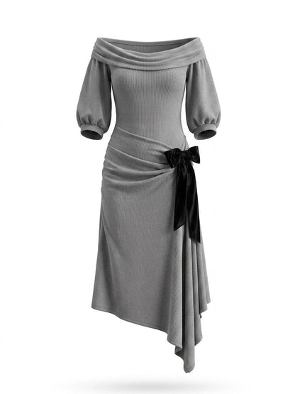 Vintage Ribbed Off-the-Shoulder Bow Dress