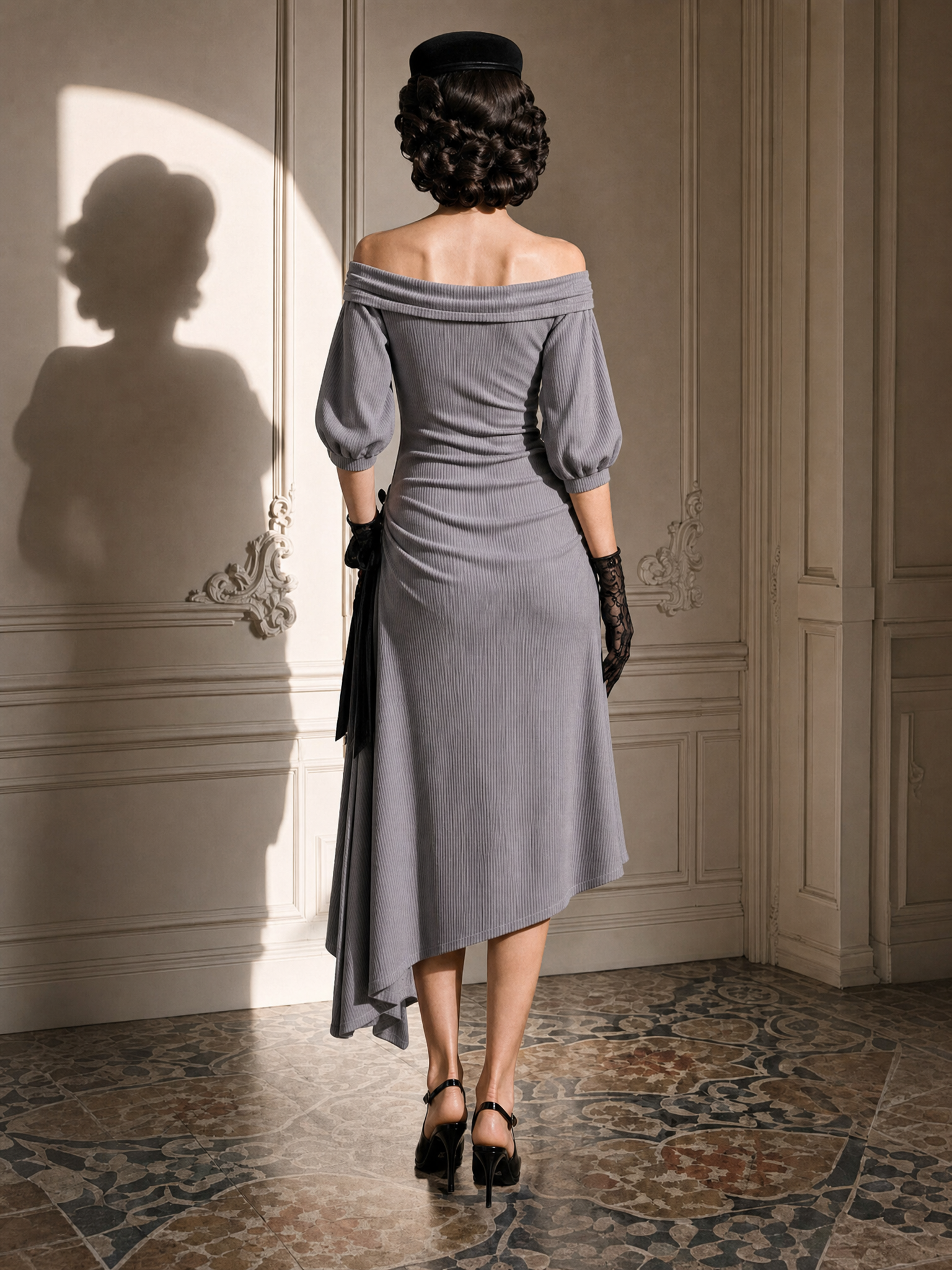 Vintage Ribbed Off-the-Shoulder Bow Midi Dress