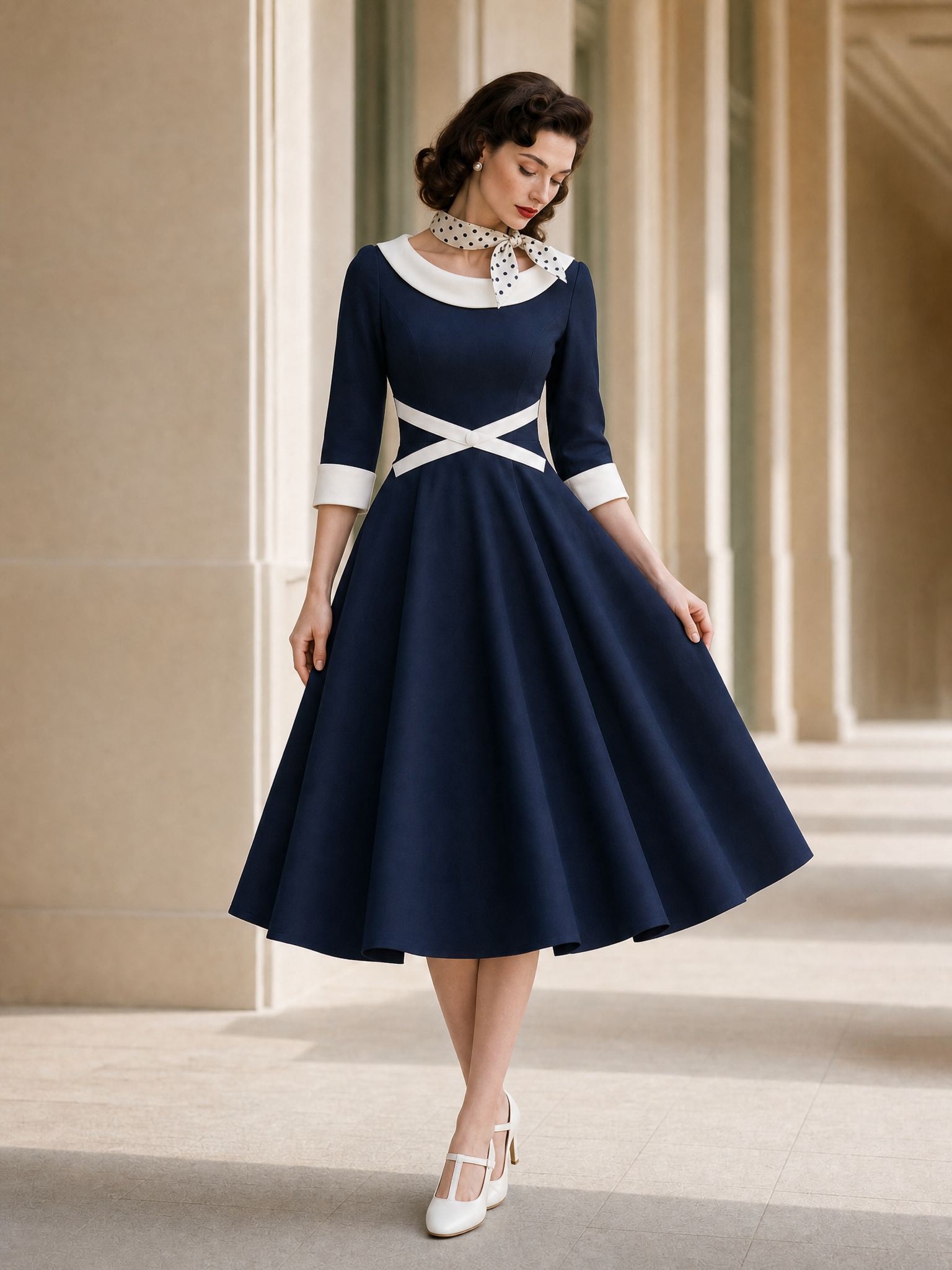 Vintage Nautical Color Contrast Lapel Umbrella Midi Dress