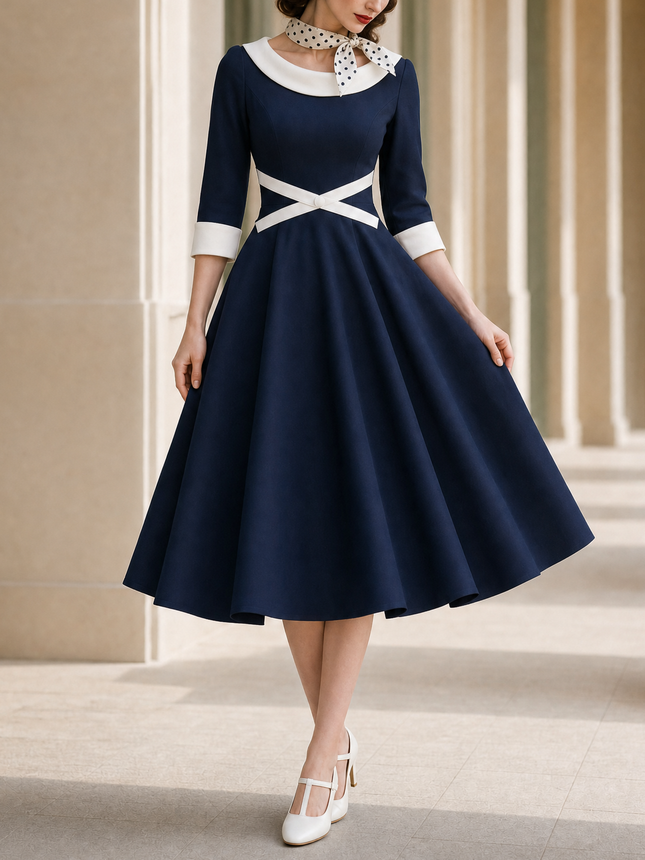 Vintage Nautical Color Contrast Lapel Umbrella Midi Dress