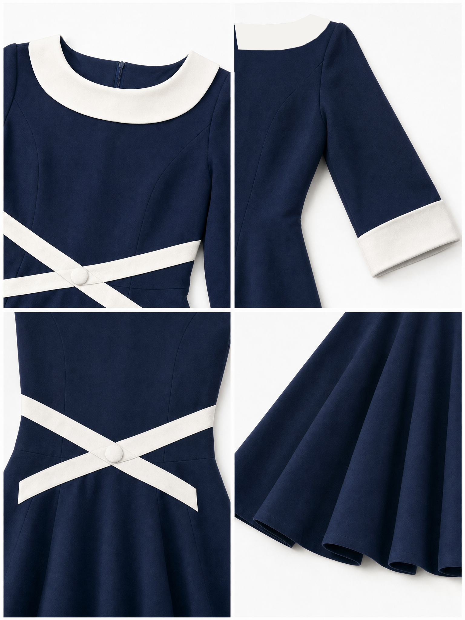 Vintage Nautical Color Contrast Lapel Umbrella Midi Dress