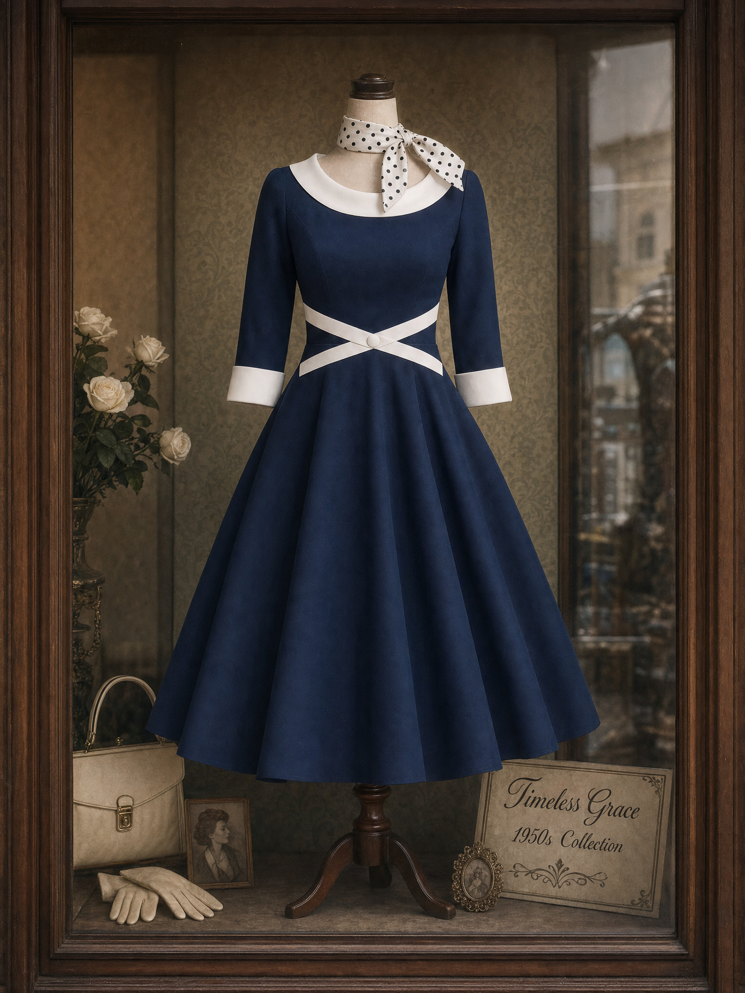 Vintage Nautical Color Contrast Lapel Umbrella Midi Dress