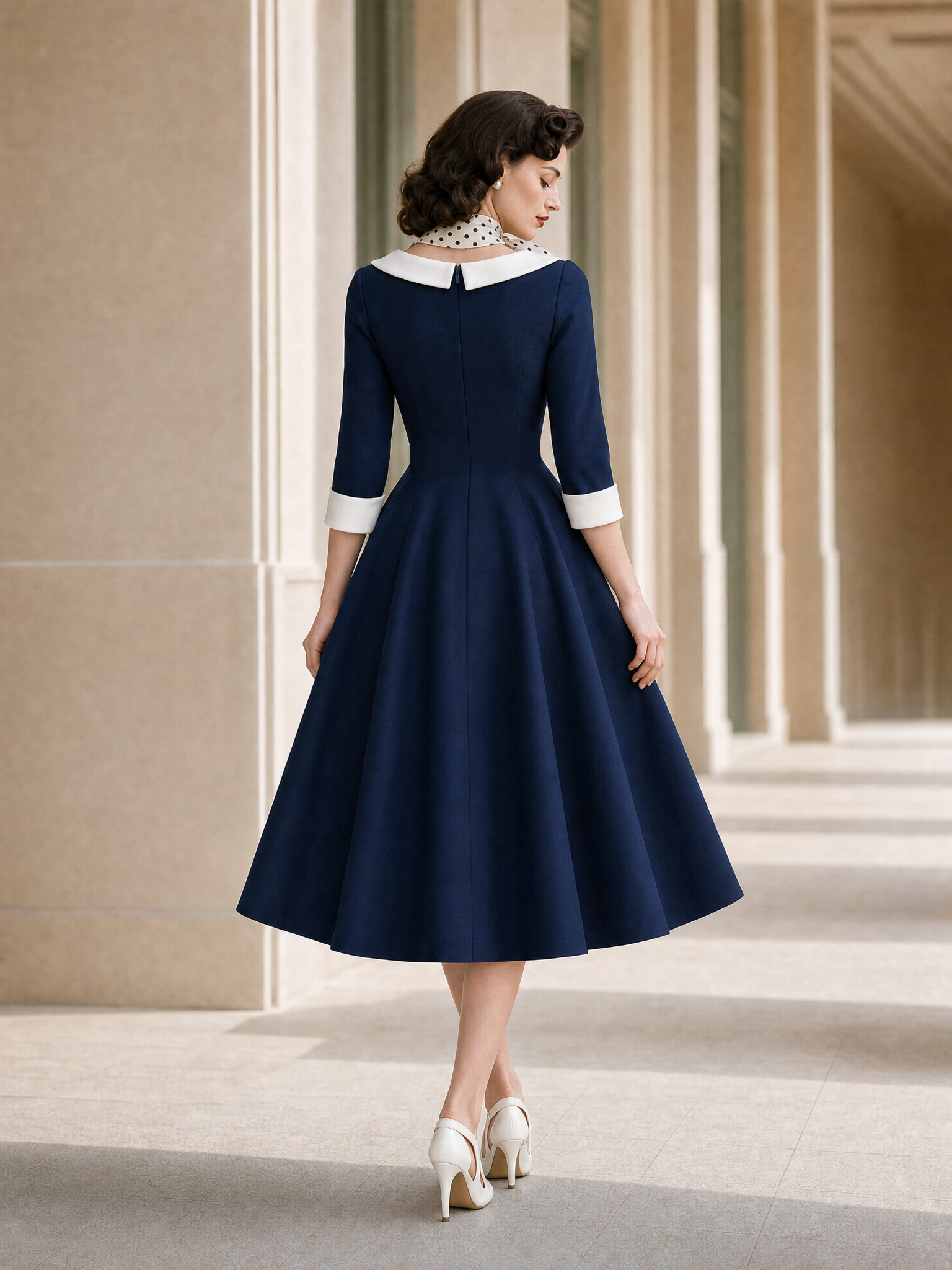 Vintage Nautical Color Contrast Lapel Umbrella Midi Dress