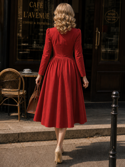 Vintage Square Neck Dress With Chest Pleats Umbrella Dress