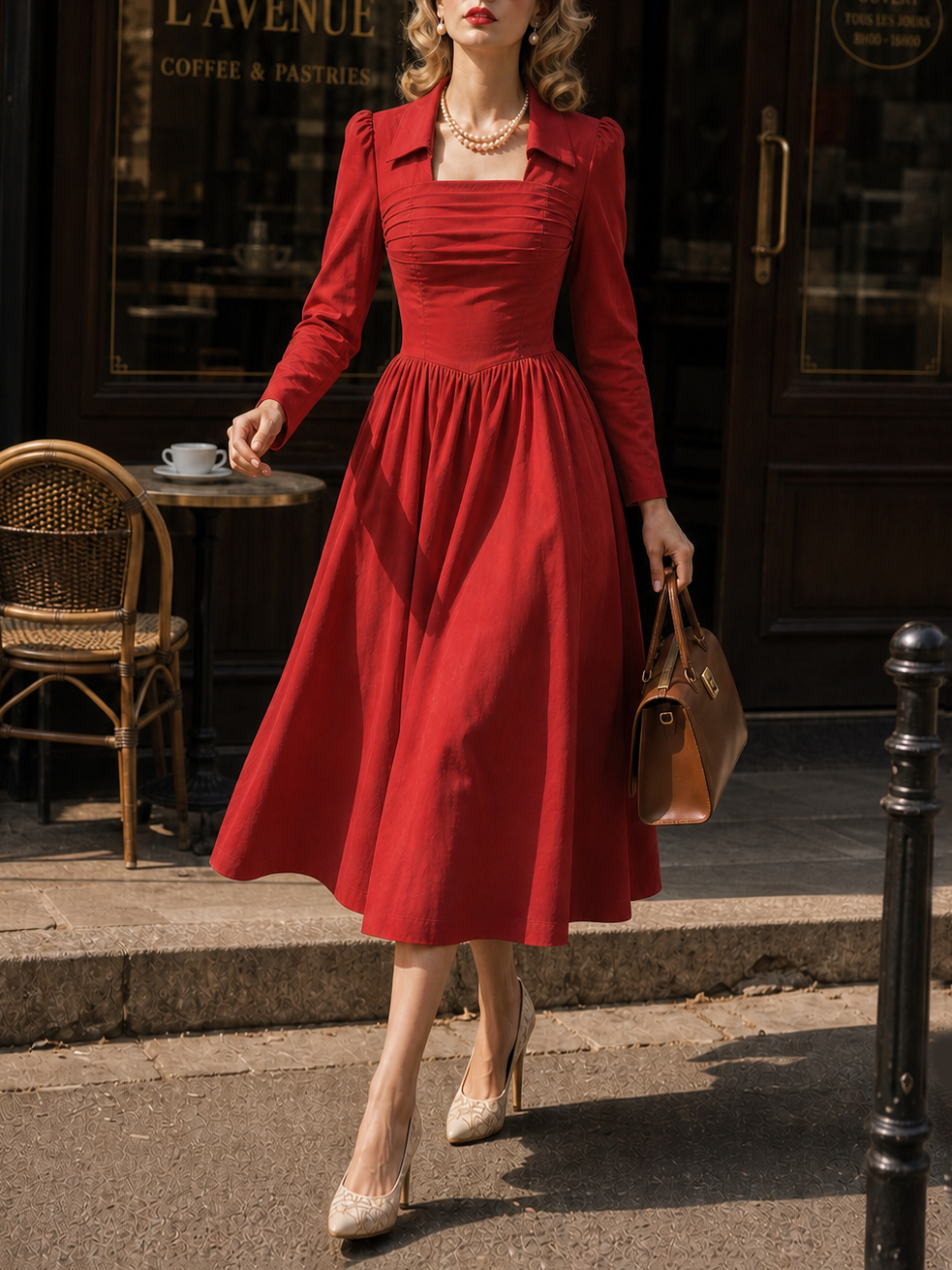 Vintage Square Neck Chest Pleats Umbrella Midi Dress