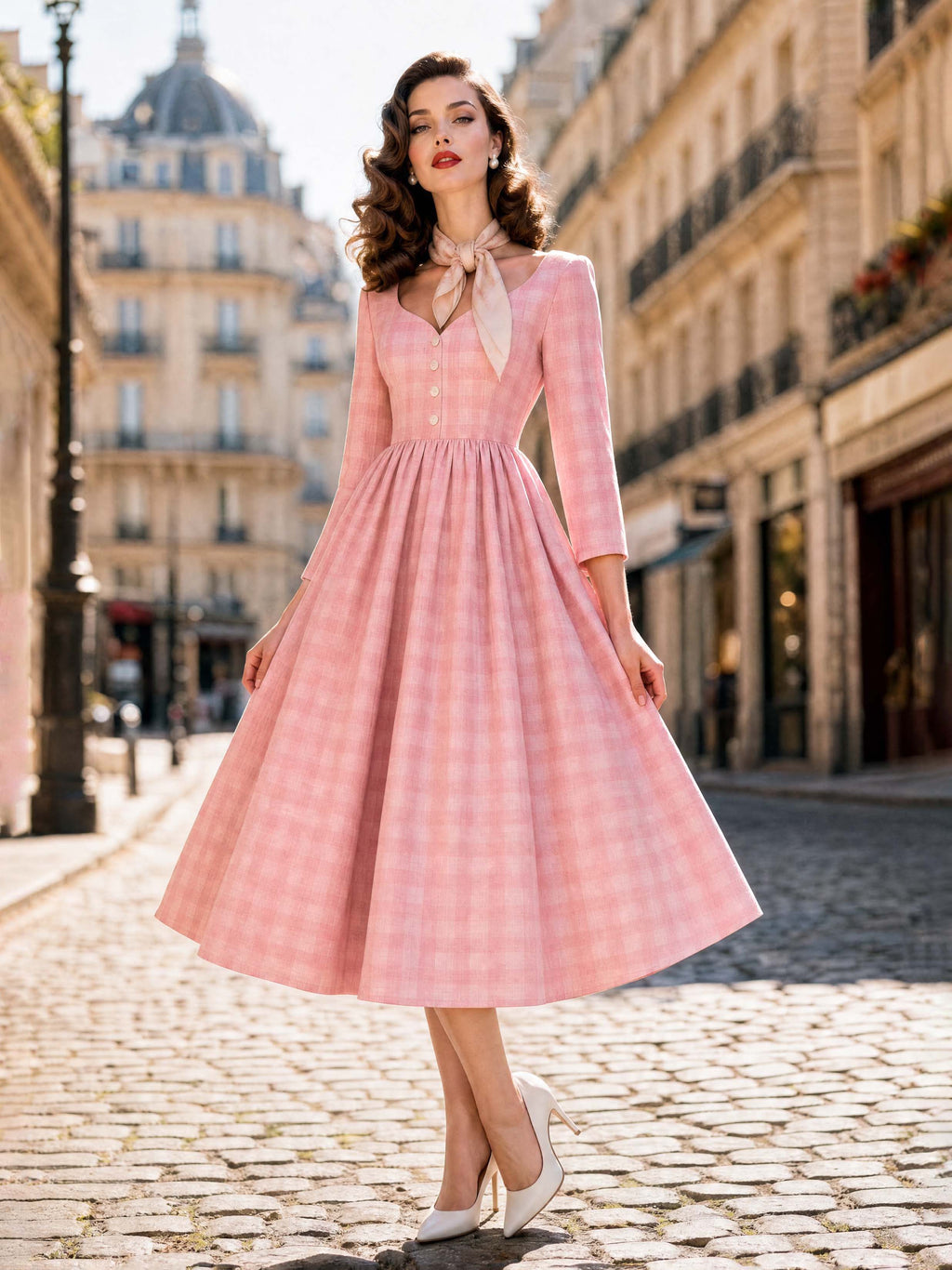 Vintage Pink Check Swing Midi Dress