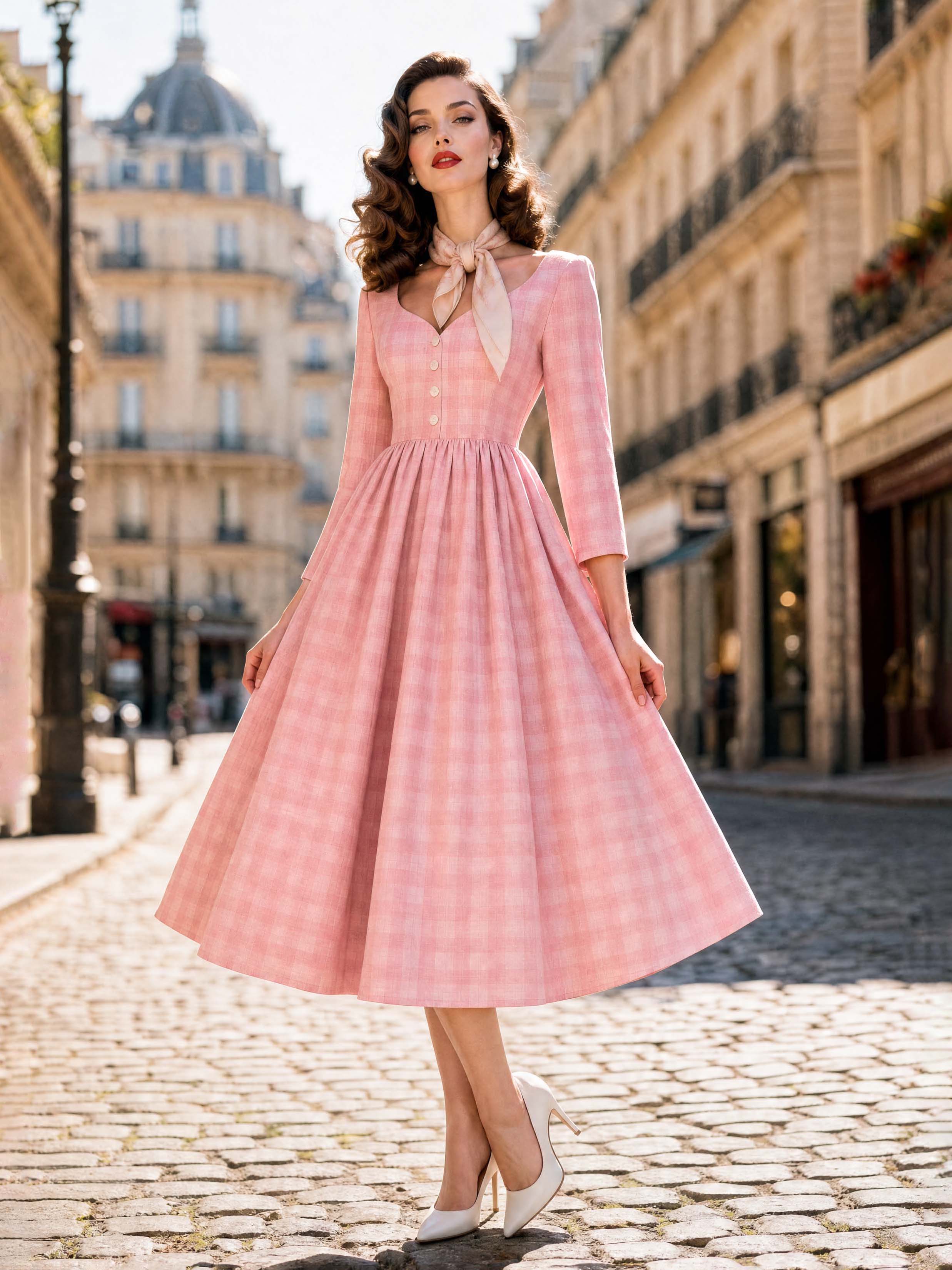 Vintage Pink Check Swing Midi Dress