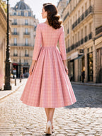 Vintage Pink Check Swing Midi Dress
