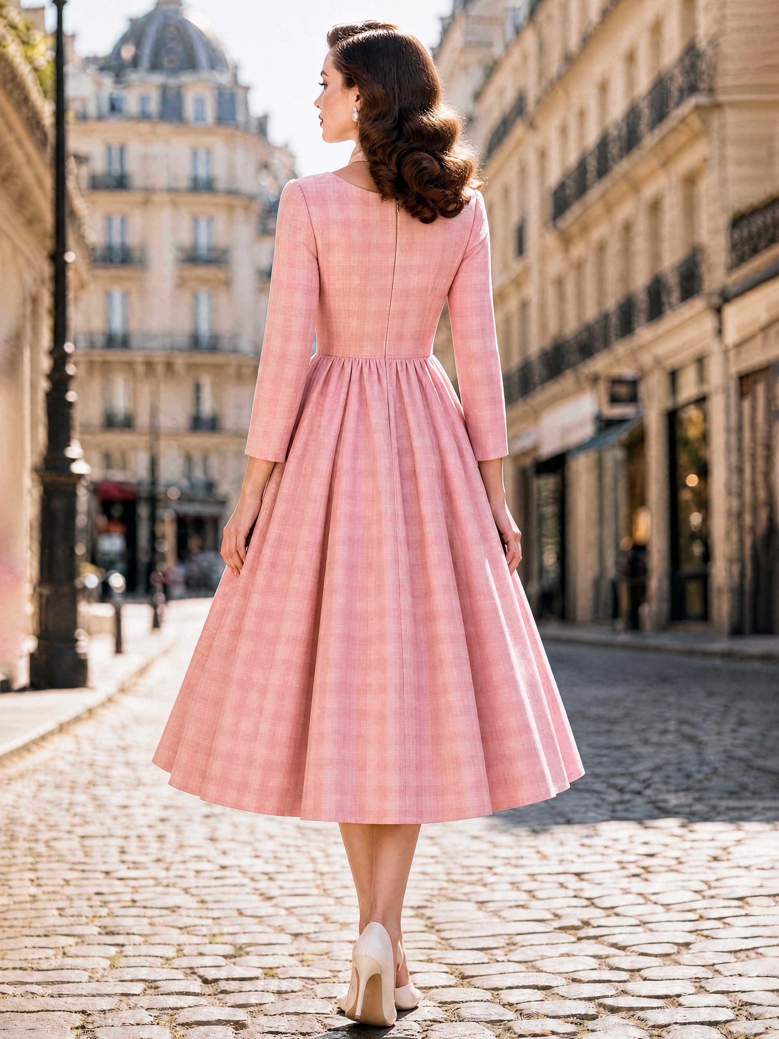 Vintage Pink Check Swing Midi Dress