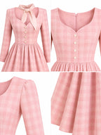 Vintage Pink Check Swing Midi Dress