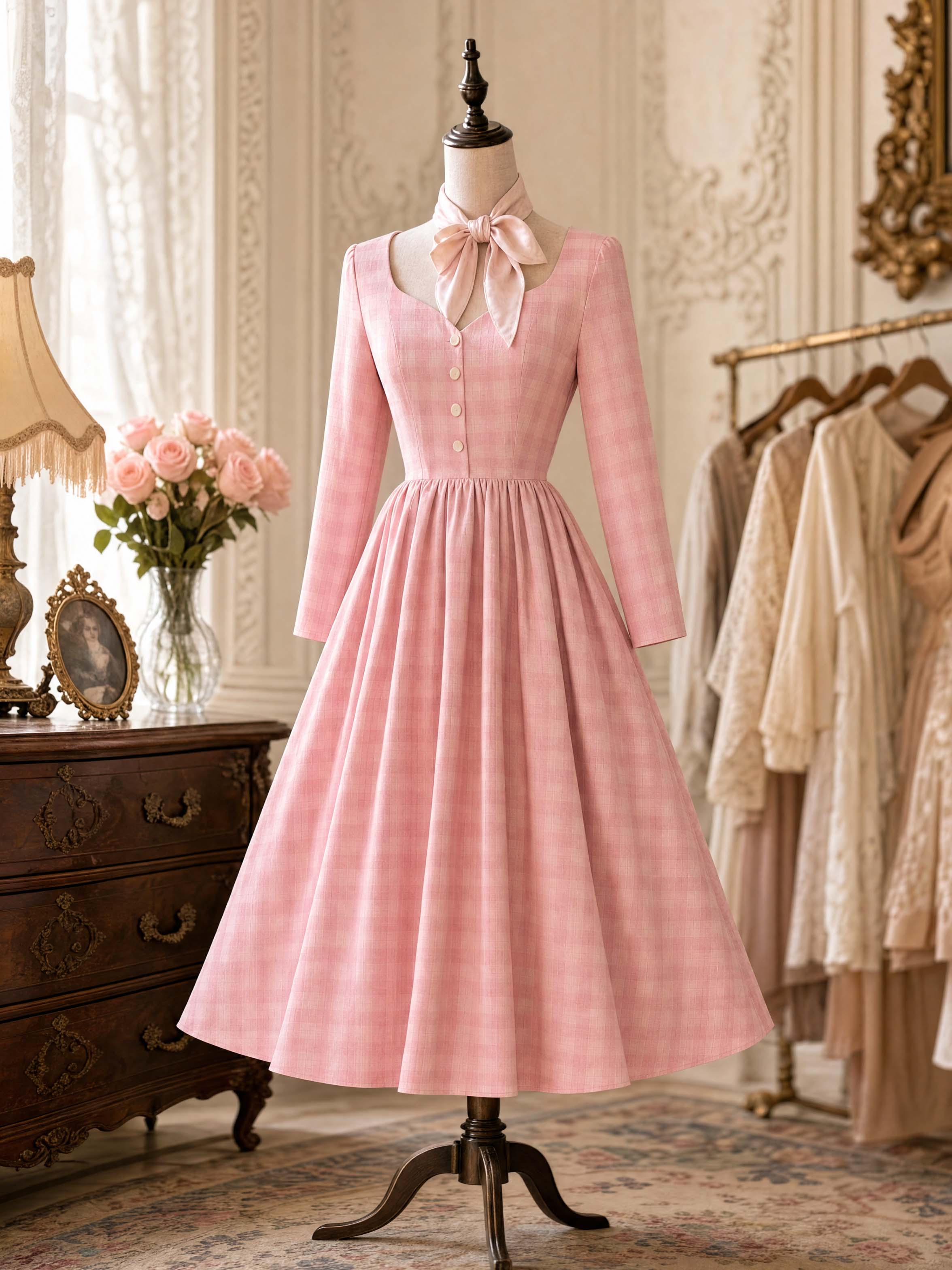 Vintage Pink Check Swing Midi Dress